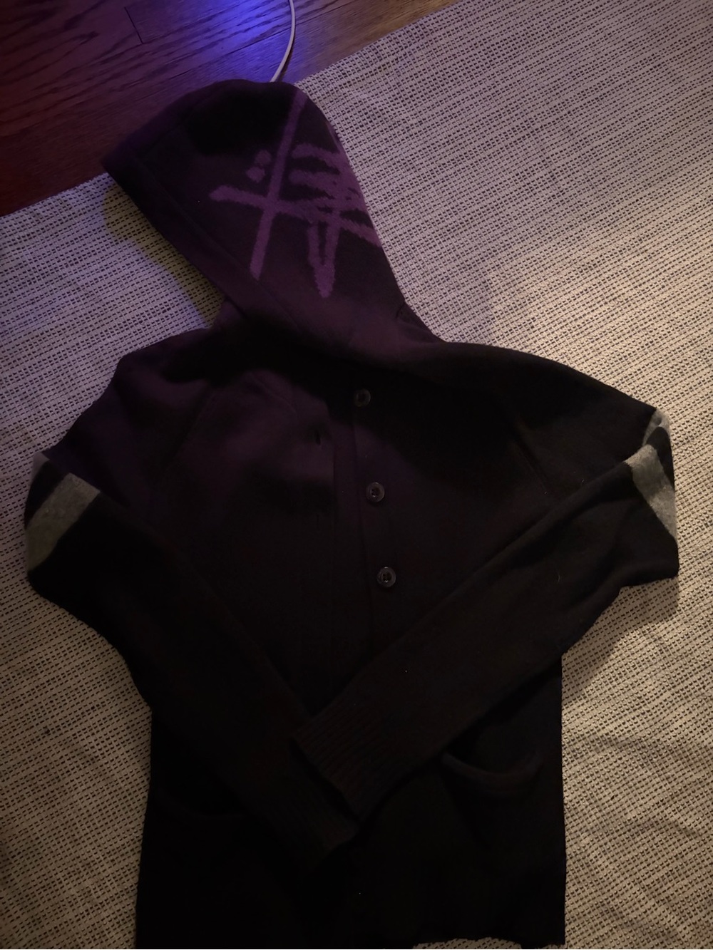 Stussy Black Hooded Button-Front Cardigan with Purple Hood Graphic